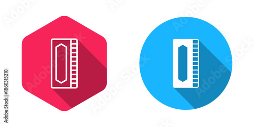 Filled and outline Harmonica icon isolated with long shadow background. Musical instrument. Vector