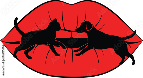 Red lips with cat dog silhouettes, surreal pet art, animal interaction, black vector clipart, symbolic design, playful contrast, emotional concept, bold composition
