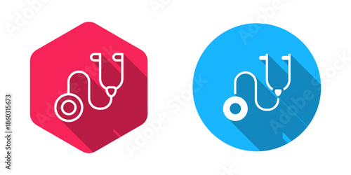 Filled and outline Stethoscope medical instrument icon isolated with long shadow background. Vector