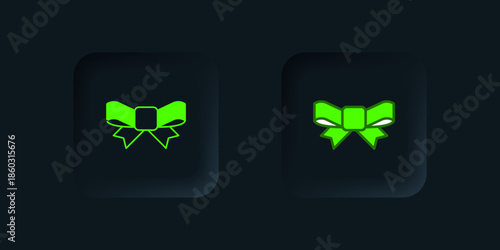 Green Gift bow icon isolated on black background. Black square button. Vector