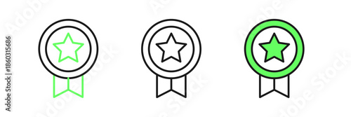 Set line Game rating with medal icon isolated on white background. Level results for game. Vector