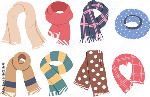 Scarf design collection, cozy winter accessories, stylish neckwear illustration, seasonal fashion vector, patterned clothing elements, warm outfit detail, trendy textile pack