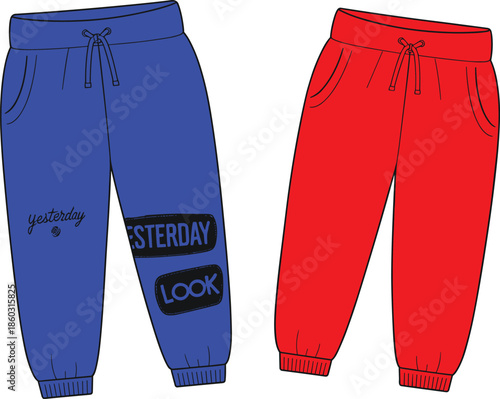 Set of blue and red cartoon sweatpants with drawstrings and patches for kids fashion, flat vector illustration isolated on white 