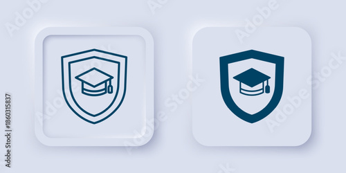 Filled and outline Graduation cap with shield icon isolated on grey background. Insurance concept. Security, safety, protection, protect concept. Square button. Vector