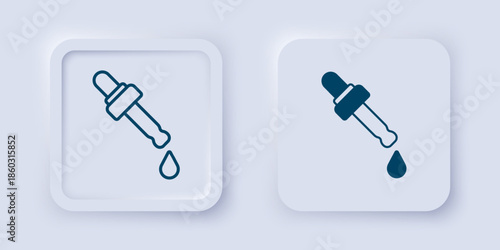 Filled and outline Pipette with oil icon isolated on grey background. Organic aromatherapy essence. Skin care serum glass drop package. Square button. Vector
