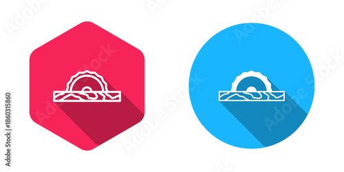 Filled and outline Electric circular saw with steel toothed disc icon isolated with long shadow background. Electric hand tool for cutting wood or metal. Vector