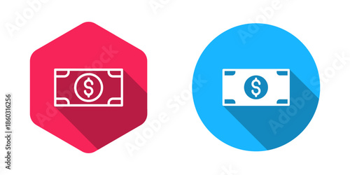 Filled and outline Stacks paper money cash icon isolated with long shadow background. Money banknotes stacks. Bill currency. Vector