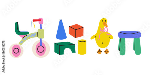 Cute cartoon kids toy set. Building blocks, bicycle, soft toys, dollhouse, water pistol. Childhood themes. Entertainment elements for toddlers. Vector illustration