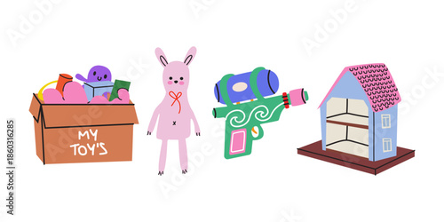 Cute cartoon kids toy set. Building blocks, bicycle, soft toys, dollhouse, water pistol. Childhood themes. Entertainment elements for toddlers. Vector illustration