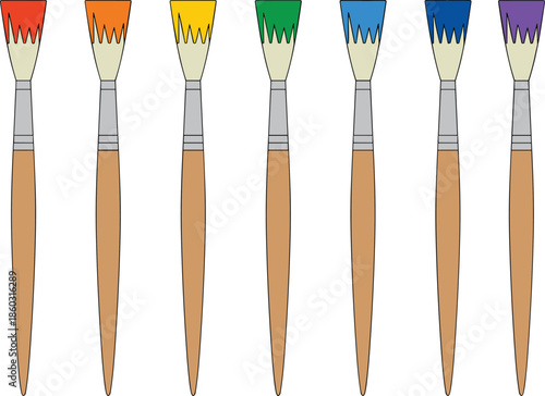 Set of Seven Paint Brushes Dipped in Rainbow Colors, Representing Art, Creativity, Painting, and the Graphic Design Industry