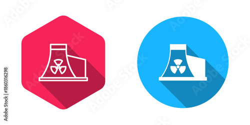 Filled and outline Nuclear power plant icon isolated with long shadow background. Energy industrial concept. Vector
