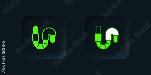 Green Worm icon isolated on black background. Fishing tackle. Black square button. Vector
