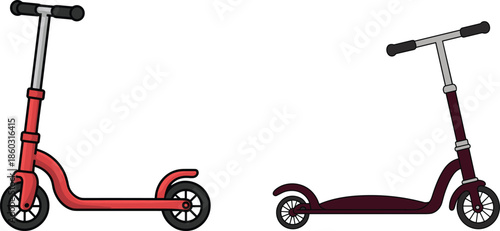 Set of two cartoon kick scooters for children in red and maroon colors, flat vector illustration isolated on white background.