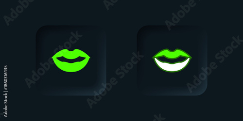 Green Smiling lips icon isolated on black background. Smile symbol. Black square button. Vector