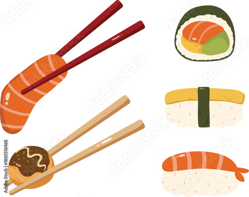 Cute Japanese Food Collection Illlustration Sushi Sashimi Salmon Takoyaki