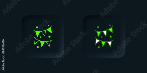 Green Carnival garland with flags icon isolated on black background. Party pennants for birthday celebration, festival and fair decoration. Black square button. Vector