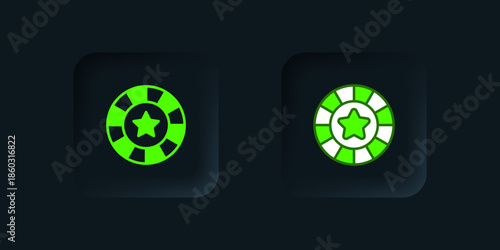 Green Casino chips icon isolated on black background. Casino gambling. Black square button. Vector
