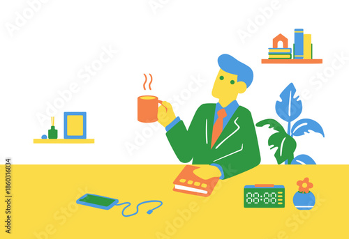 温かい飲み物で休憩するビジネスマン