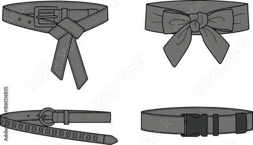 Set of varying fashion waist belts including bow sash, leather buckle, and tactical strap, flat vector illustration isolated on white background.