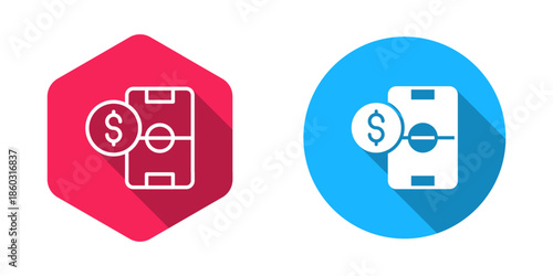 Filled and outline Soccer football betting money icon isolated with long shadow background. Football bet bookmaker. Soccer betting online make money. Vector