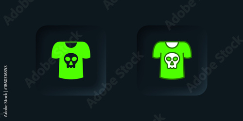 Green Shirt with skull icon isolated on black background. Happy Halloween party. Black square button. Vector