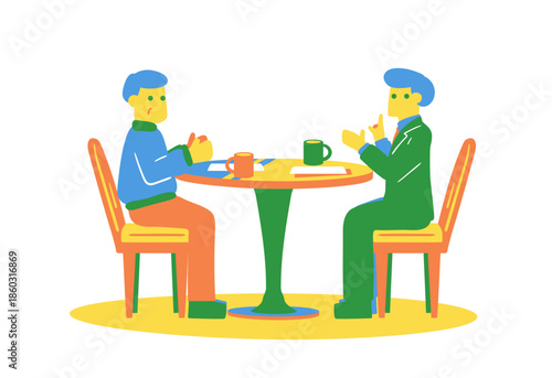 テーブルをはさんで話し合う男性とビジネスマン