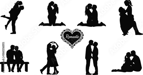 Set of romantic couple silhouettes, lovers kissing, hugging and sitting, black vector illustration collection isolated on white background for valentine design