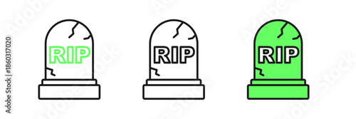 Set line Tombstone with RIP written on it icon isolated on white background. Grave icon. Happy Halloween party. Vector