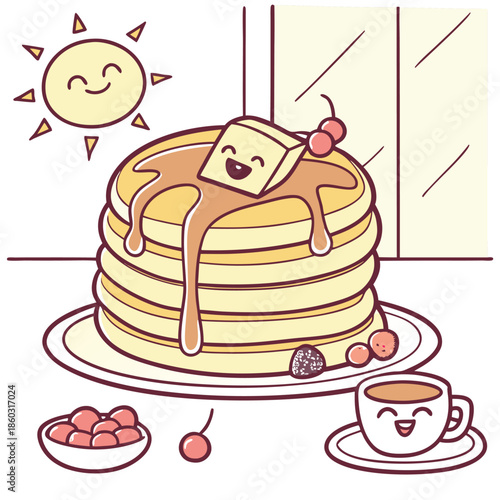 Stack of fluffy pancakes with melting butter and syrup, topped with cherries and berries, accompanied by a smiling sun and a cup of coffee, creating a cheerful morning breakfast scene