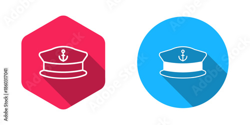 Filled and outline Captain hat icon isolated with long shadow background. Vector