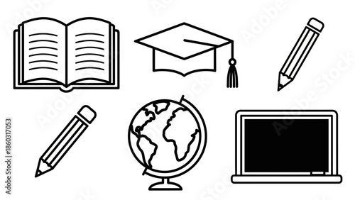 Assorted Educational Icon Set Featuring Book, Graduation Cap, Pencil, Globe and Laptop.