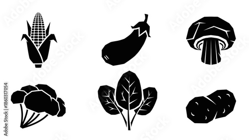 Silhouettes of Fresh Vegetables Including Corn, Eggplant, Cabbage, and Potato.