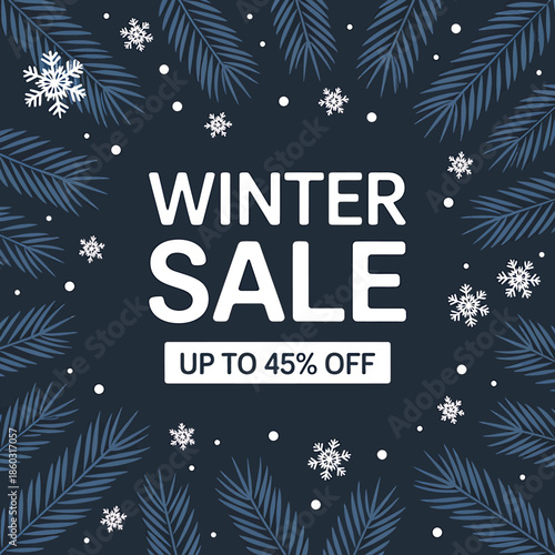 Winter Sale Banner with Snowflakes and Pine Branches