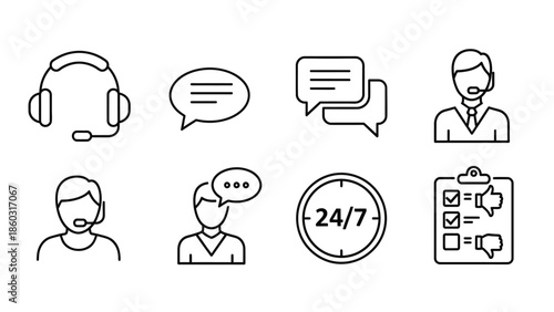 Set of line art icons depicting customer support, chat, and 24/7 service themes.