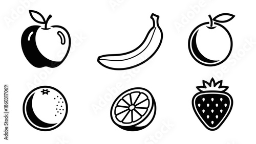 Collection of simple black and white fruit icons featuring apple, banana, orange, lemon, strawberry and citrus slices.