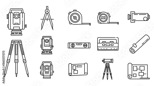 Collection of surveying instruments and tools arranged on a plain background.
