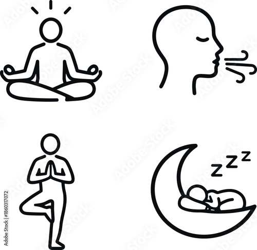 Minimalist icons for meditation, breathing, yoga, and sleep