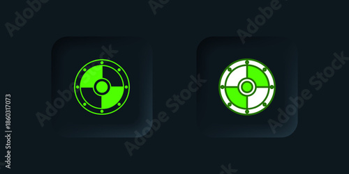 Green Round wooden shield icon isolated on black background. Security, safety, protection, privacy, guard concept. Black square button. Vector
