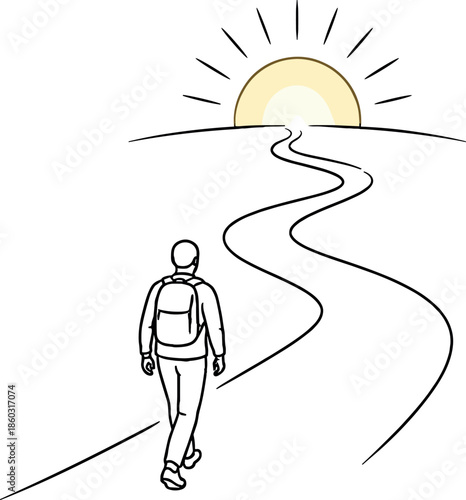 Person with backpack walks on winding road towards rising sun