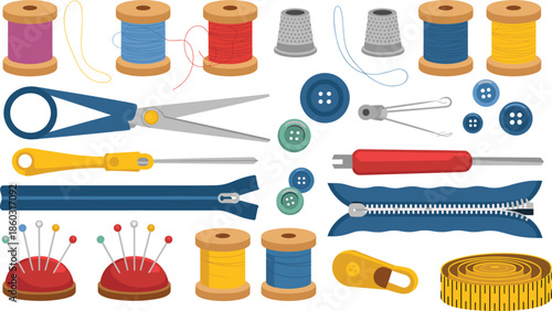 Sewing tool icon set, colorful vector illustrations of thread, scissors, buttons, zippers, and accessories for crafting, tailoring, and fashion design