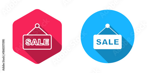 Filled and outline Hanging sign with text Sale icon isolated with long shadow background. Signboard with text Sale. Vector