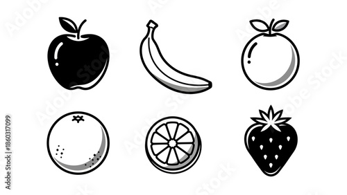 Set of hand-drawn fruit icons including apple, banana, orange, lemon, lime and strawberry in black and white.