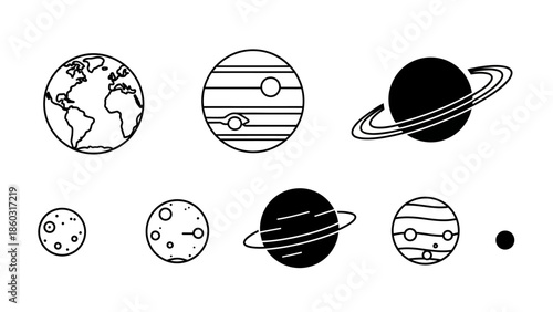 Iconic space and planetary icons featuring globes, rings and orbital designs in a science themed collection.