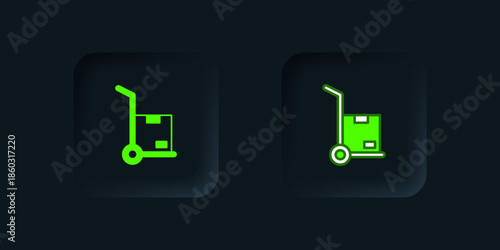 Green Hand truck and boxes icon isolated on black background. Dolly symbol. Black square button. Vector