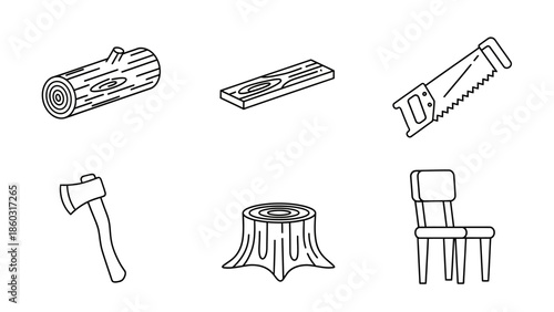 Sketches of woodworking tools and furniture items including log, axe, stump, and chair.