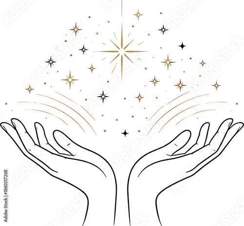 Elegant hands presenting celestial star cluster and sparkles