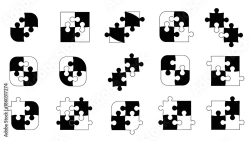 Abstract puzzle piece icons arranged in a circular grayscale pattern for a graphic design collection.