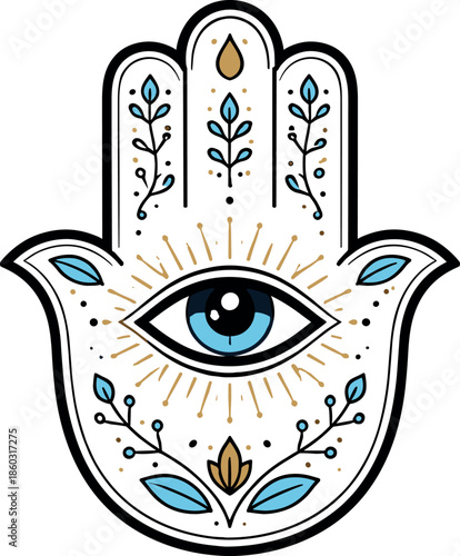 Decorative Hamsa hand with evil eye and floral motifs