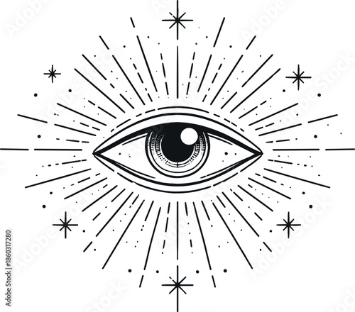 Mystical eye radiating light and stars, esoteric symbol of vision