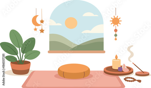 Cozy meditation corner with plants, candle, and incense